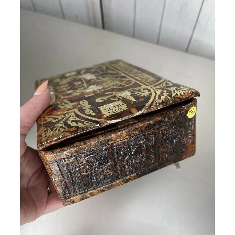 VTG Egyptian Camel Leather Lock Jewelry Box Osiris King Tut Hieroglyphic Gold